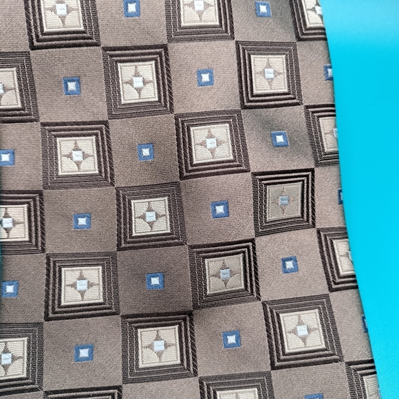 Insignia by Martin Wong Gold Bronze Silk Handmade Geometric Blue Accents Tie - Picture 2 of 9